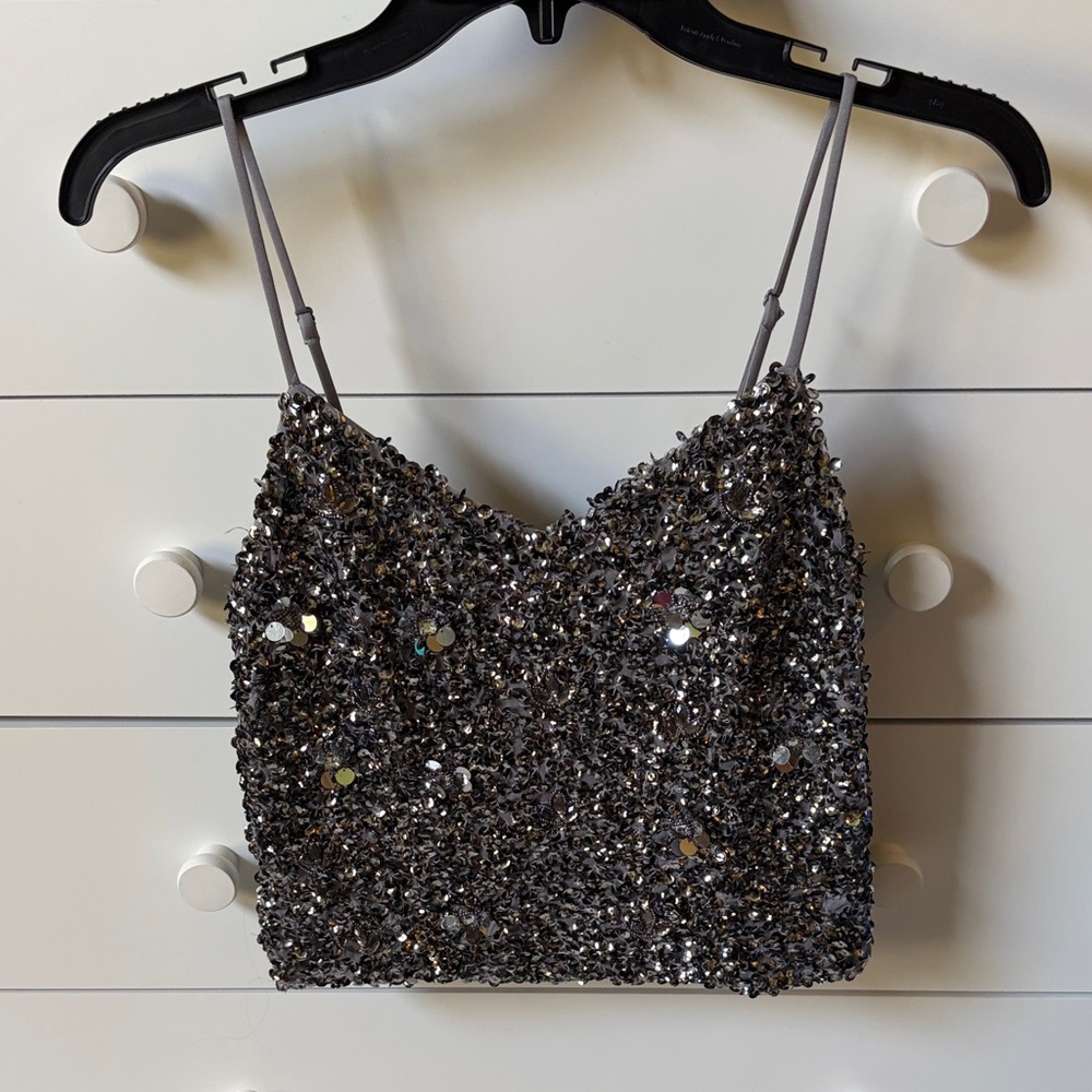 💎 NWT EXPRESS WOMENS SIZE SMALL BLACK & SILVER SEQUINS/BEADED CROPPED TANK TOP